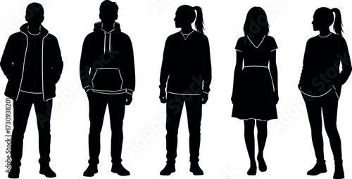 Casual people silhouettes in various outfits standing side by side, showcasing modern fashion styles and relaxed urban streetwear poses.