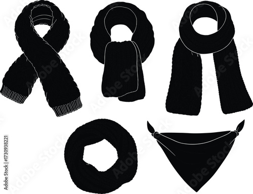 Black silhouette fashion scarf collection, winter accessory illustration, infinity loop, triangular bandana, knitted wool, stylish neckwear, clothing design element, vector art
