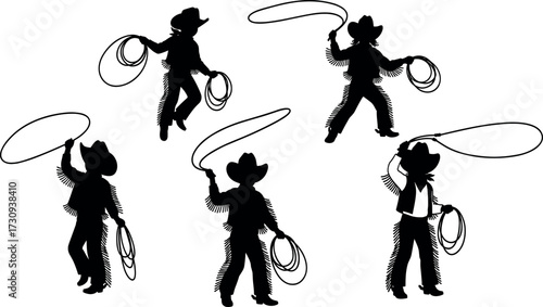 Cowboy Silhouettes Performing Lasso Tricks in Western Rodeo Style with Hats and Boots, Dynamic Action Poses for Wild West Theme