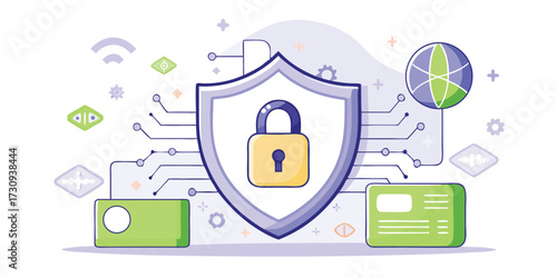 Cybersecurity shield with digital lock and secure network illustration