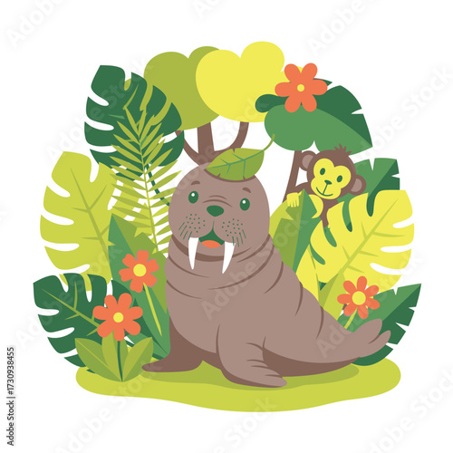Cute walrus and monkey in a lush tropical jungle scene isolated on white background