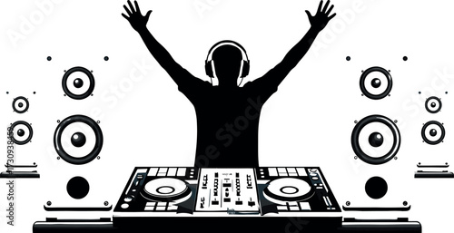 DJ silhouette with headphones performing live music set, surrounded by speakers and turntables in energetic black and white vector illustration
