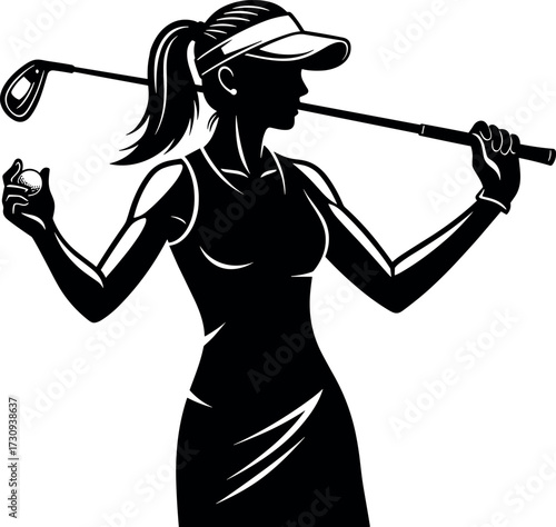 Female golfer silhouette holding club and ball, sporty woman in visor preparing for golf game, black and white vector art