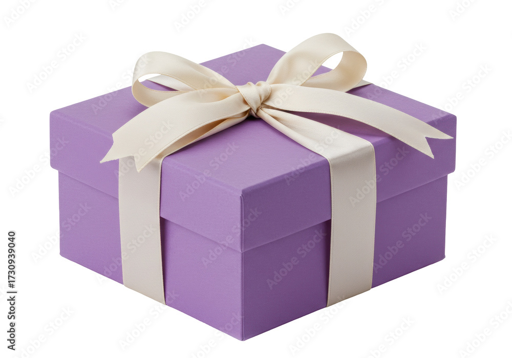 Obraz premium Elegant purple gift box with cream ribbon isolated on white, present for birthday or special occasion PNG