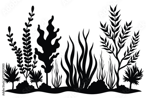 Black Silhouette of Underwater Seaweed, Plants, and Algae in Aquatic Scene Illustration