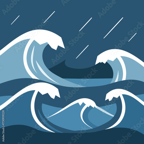Stylized illustration of ocean waves with rain falling on a dark blue background.