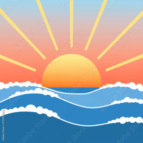Illustration of a sun rising over ocean waves with radiating light rays.