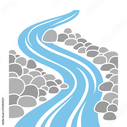 Illustration of a winding blue river with gray rocks on either side.