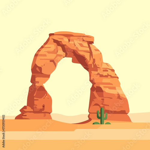 Graphic illustration of a desert landscape with a large rock arch formation.
