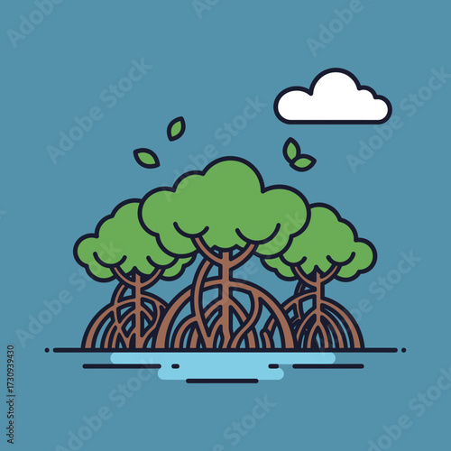 Mangrove trees illustration with roots in water against a blue sky.
