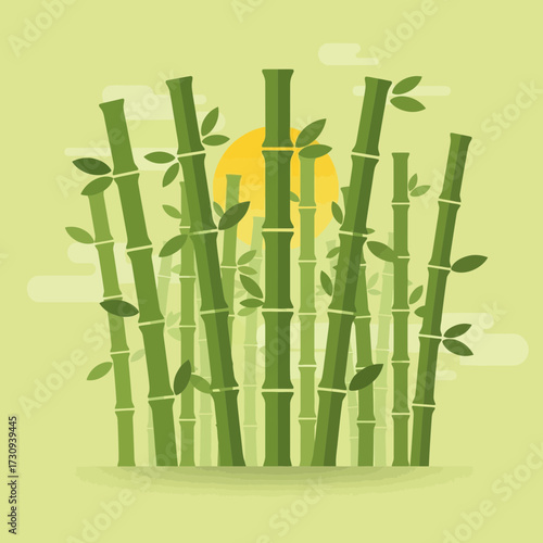 Bamboo stalks with leaves against a light green background and yellow sun.