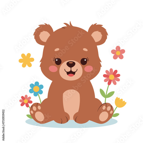 Adorable cartoon brown bear cub sitting among colorful flowers isolated on white background