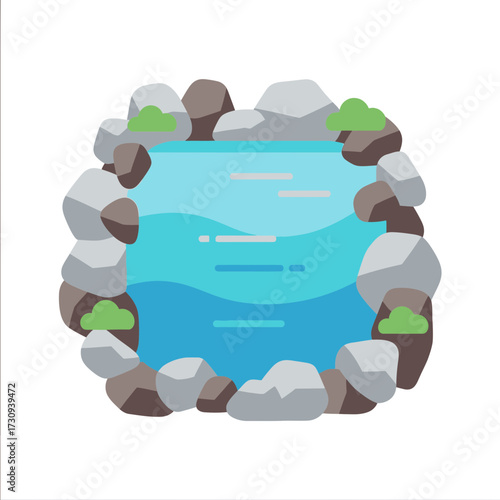 Cartoon pond surrounded by rocks and greenery on a white background.