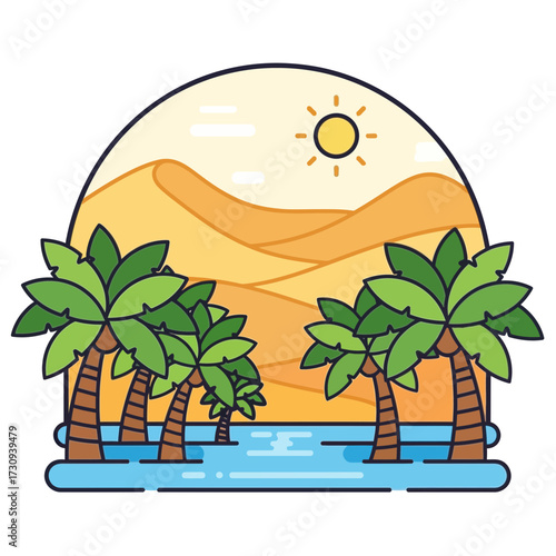 Cartoon illustration of palm trees near water with sand dunes and sun.