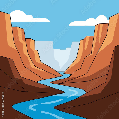 Cartoon illustration of a canyon with a river flowing through it under a blue sky.
