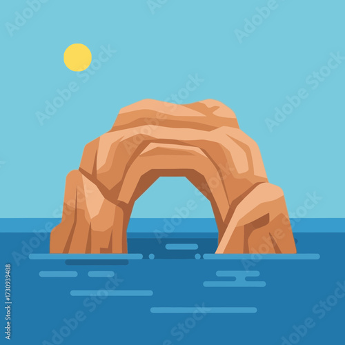 Rock arch in water under a sun illustration simple flat design.