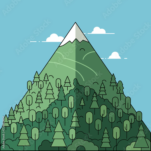 Stylized mountain illustration with trees snow and blue sky backdrop.