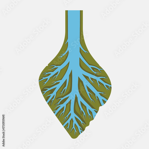 Illustration of a root system with blue veins on a white background.