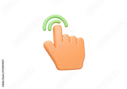 3D hand cursor clicking isolated PNG, orange hand with green touch signal on transparent background, user interface element