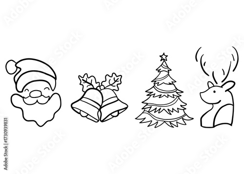 Christmas vector silhouettes, gifts, Santa Claus, reindeer, pine, Christmas tree, bells, customizable.
