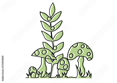 Green illustration of plant with mushrooms, nature