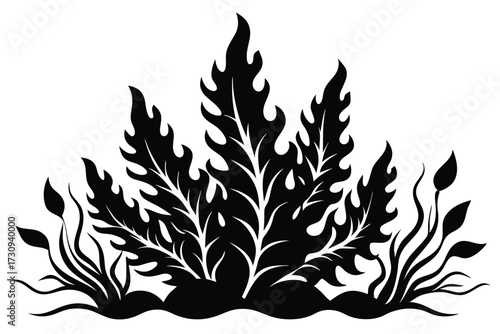 Black Silhouette of Aquatic Plants on Water with Unique Leaf Shapes Design