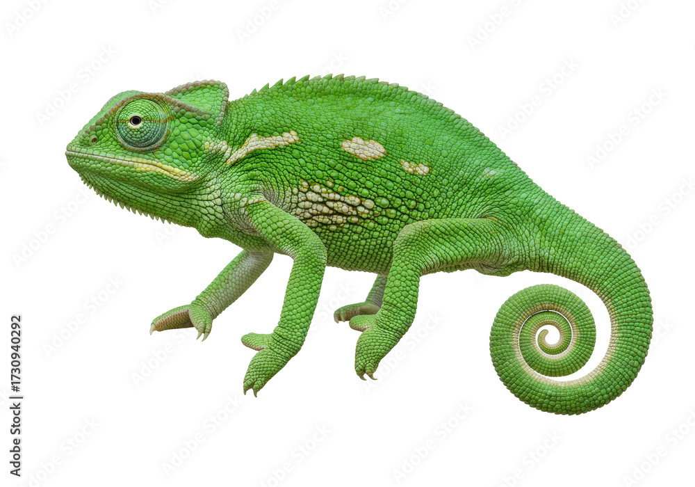 Obraz premium Bright green Veiled Chameleon isolated on transparent background, exotic pet with curled tail in PNG format, reptile for design use