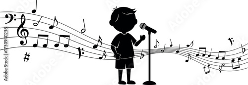 Silhouette of child singing with microphone and musical notes, music performance concept, vocal expression, concert scene, artistic sound wave