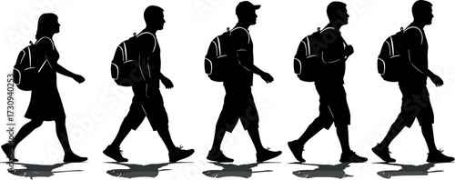 Silhouette of casual people walking with backpacks, student lifestyle, travel concept, pedestrian movement, outdoor journey, urban youth vector illustration