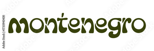 Montenegro Text in Groovy Retro Font, Olive Green Hippie Style Typography Isolated on Transparent Background for Travel and Design