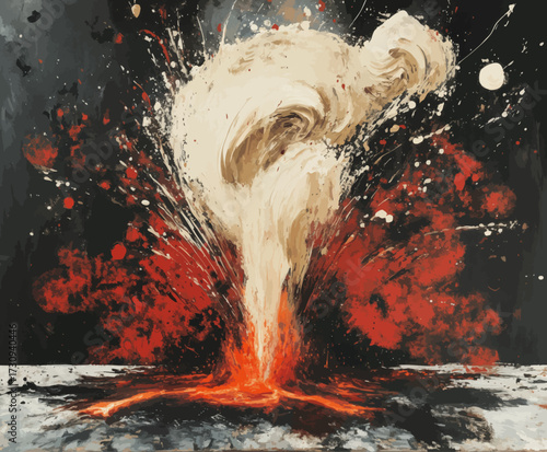 Dramatic Abstract Volcano Eruption Illustration with Red Lava Explosion and Smoke Cloud on Dark Background – Dynamic Modern Art