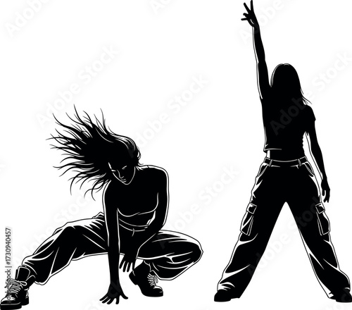 Silhouette of energetic street dancers performing hip-hop moves in urban style with expressive poses, motion, and dynamic body language.