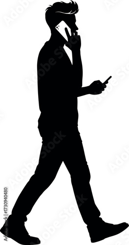 Silhouette of multitasking person walking with two smartphones, talking and texting, modern lifestyle, digital communication, mobile technology concept