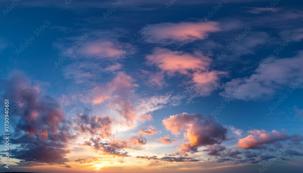 Fototapeta premium Panorama Of Cloudscape At Sunset With Vivid And Dreamy Colors On Sky