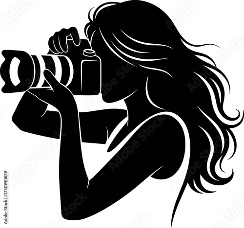 Silhouette of Photographer Holding DSLR Camera Capturing Moment with Long Hair, Artistic Black and White Vector for Creative Projects