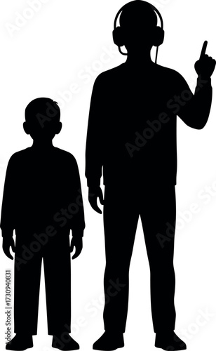 Silhouette of adult and child standing together, pointing upward, symbolizing guidance, mentorship, growth, support, parenting, and generational connection.