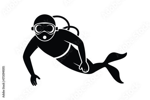 Silhouette Illustration of Diver with Mask, Fins, and Scuba Gear Underwater, Swimming