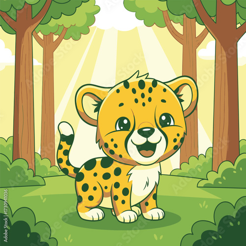 Adorable cartoon baby cheetah with spots smiling in a sunny forest clearing isolated on white background