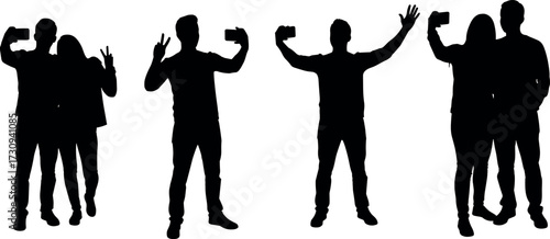 Silhouette people taking selfies with smartphones, peace sign gestures, group and solo poses, modern social media lifestyle vector illustration