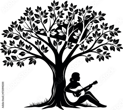Silhouette tree with relaxing people playing guitar and lying on branch in peaceful nature scene, black and white vector illustration