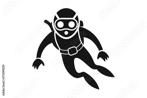Silhouette of a Scuba Diver with Full Gear, Swimming Downward