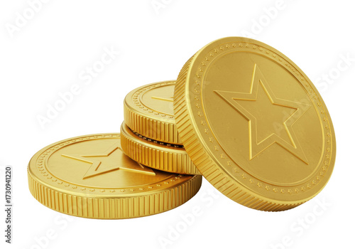 Stack of golden coins with star isolated on transparent background, reward tokens for games and loyalty programs PNG