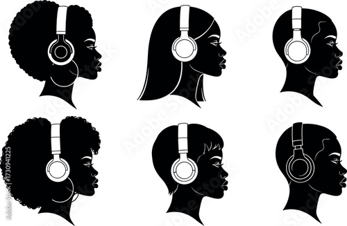 Silhouette vector set of diverse people wearing headphones, showcasing unique hairstyles and audio gear for music, podcast, and DJ themes.