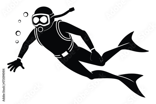 Black Silhouette of a Scuba Diver with Flippers and Bubbles Illustration Graphic