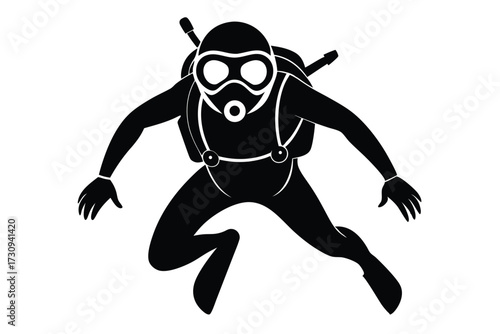 Black Silhouette Scuba Diver Illustration with Gear and Mask, Arms Extended, Diving Stance