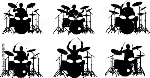 Silhouettes of Drummers Playing Drum Sets in Various Poses with Percussion Instruments for Music, Performance, Rhythm, and Entertainment Concepts