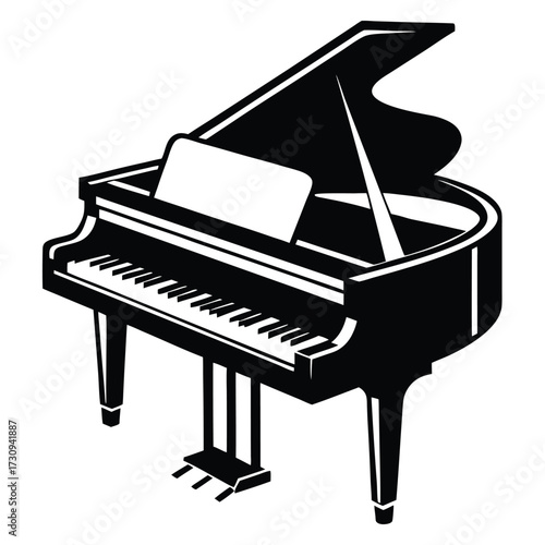 Black and White Illustration of a Grand Piano with Sheet Music Inside
