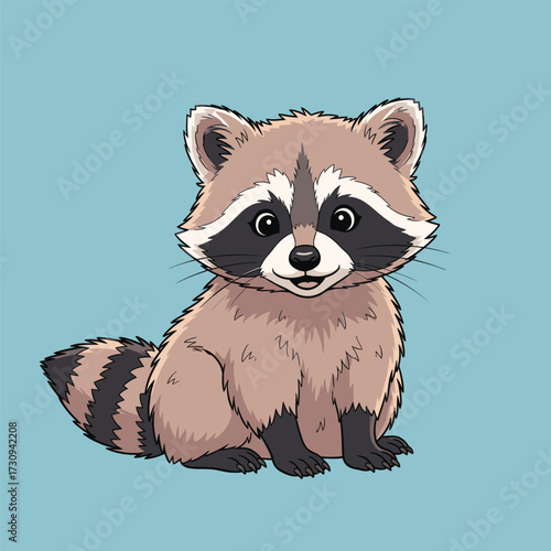 Cute cartoon raccoon with black mask and ringed tail sitting happily isolated on white background