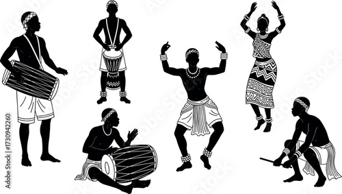 Traditional African dancers and drummers performing cultural music in tribal attire, celebrating heritage, rhythm, movement, and community in silhouette vector art.