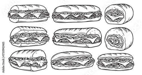Philly Cheesesteak Line Art Fast Food Sketch Vector